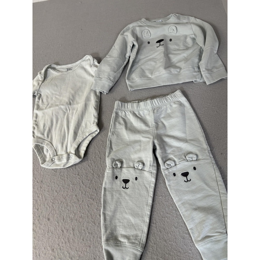 Carters Outfit Set Baby 24 Months 3 Piece Green Bear Sweatshirt Pants Bodysuit